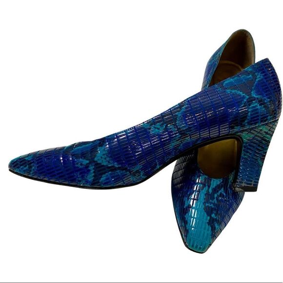 RARE 1980’s Disco Style Stuart Weitzman Teal Blue Snakeskin Embossed Heels - Picture 2 of 10